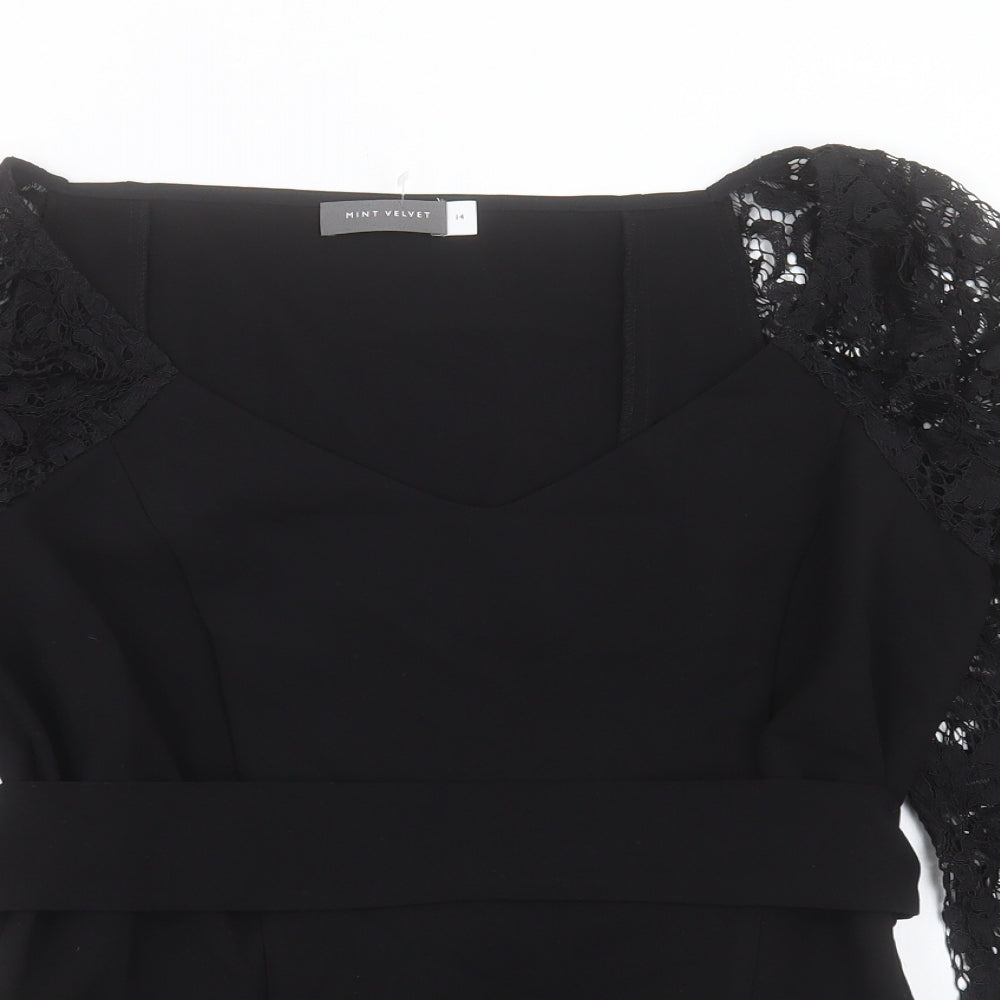 Mint Velvet Womens Black Polyester Basic T-Shirt Size 12 V-Neck - Lace Sleeves