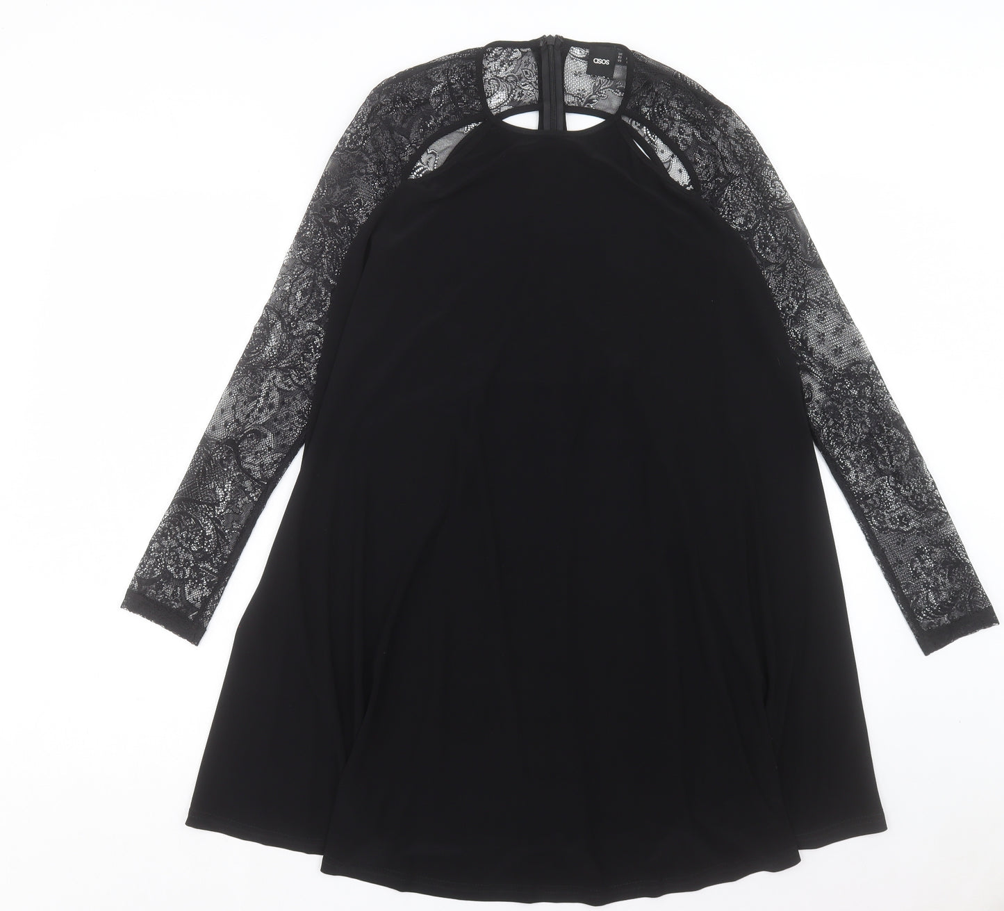 ASOS Womens Black Polyester A-Line Size 10 Crew Neck Zip - Lace Sleeve Detail