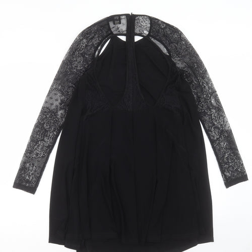 ASOS Womens Black Polyester A-Line Size 10 Crew Neck Zip - Lace Sleeve Detail