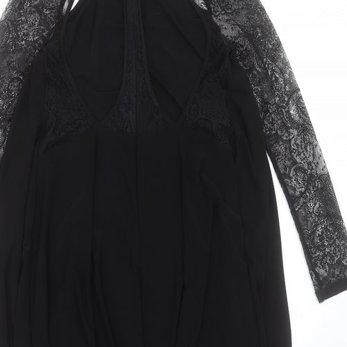 ASOS Womens Black Polyester A-Line Size 10 Crew Neck Zip - Lace Sleeve Detail