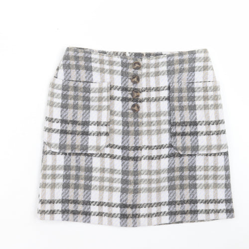 Preworn Womens Grey Plaid Acrylic Mini Skirt Size 30 in Button
