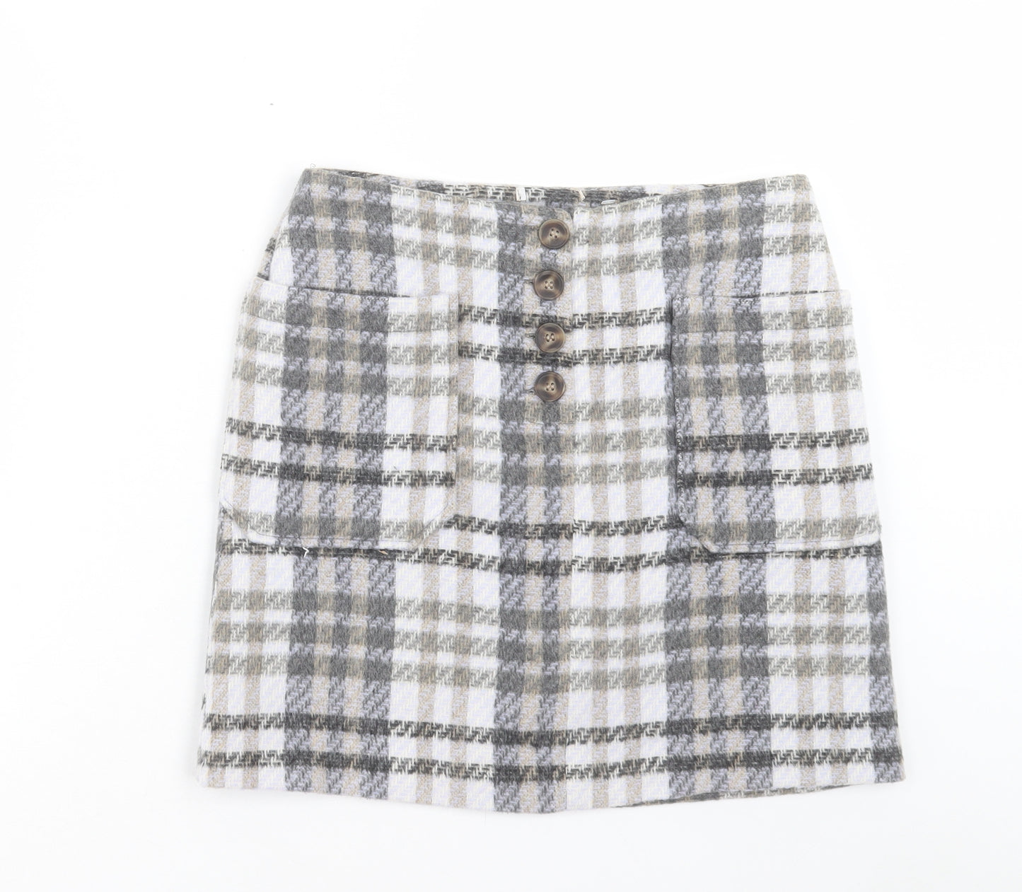 Preworn Womens Grey Plaid Acrylic Mini Skirt Size 30 in Button