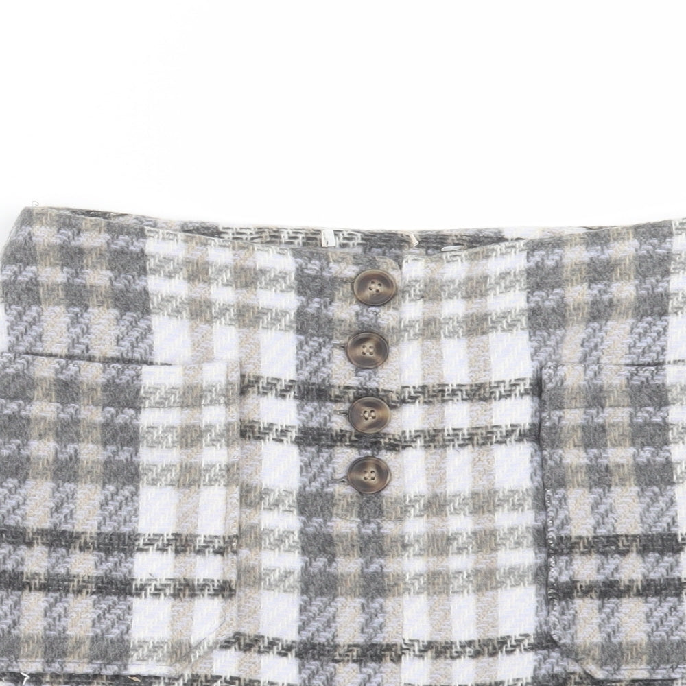 Preworn Womens Grey Plaid Acrylic Mini Skirt Size 30 in Button