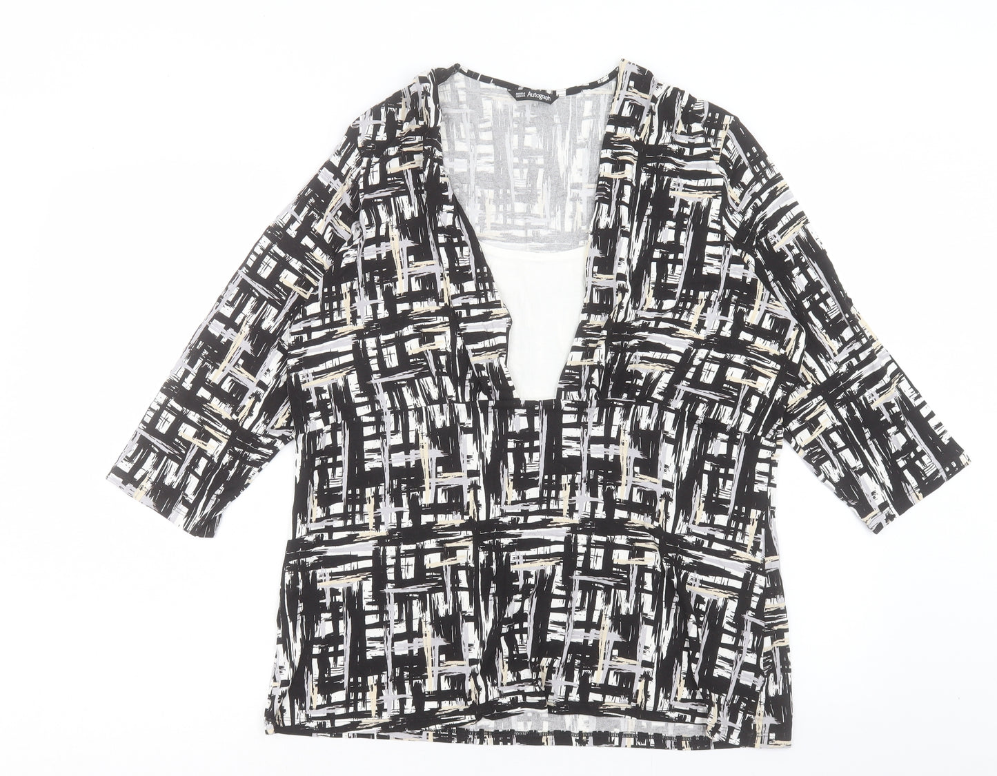 Marks and Spencer Womens Black Geometric Viscose Basic T-Shirt Size 22 V-Neck