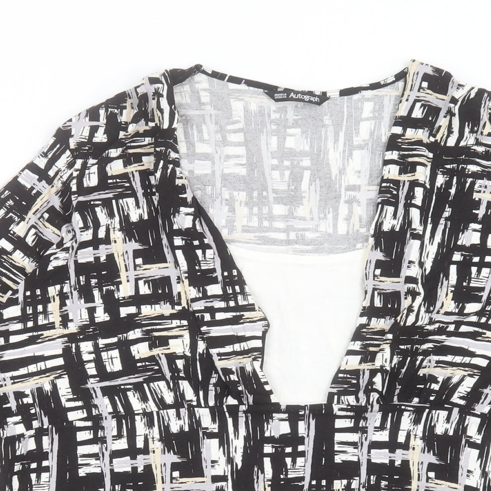 Marks and Spencer Womens Black Geometric Viscose Basic T-Shirt Size 22 V-Neck