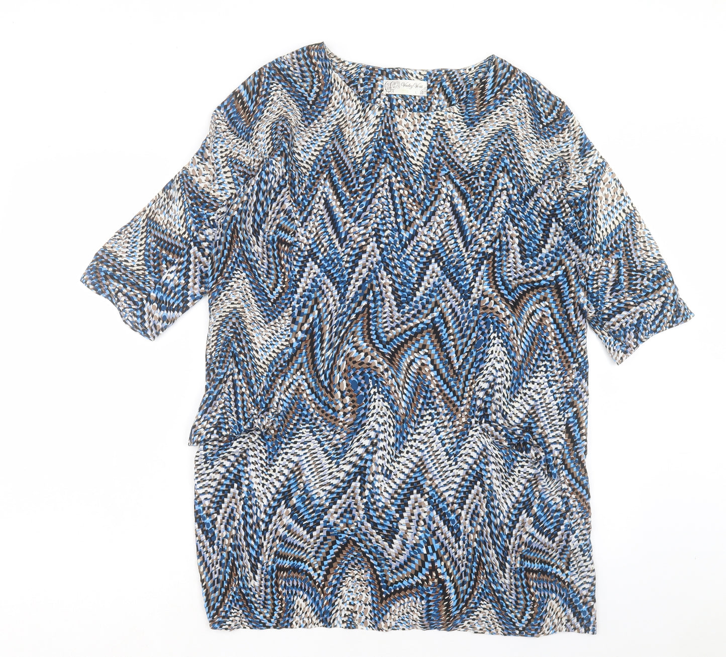 Voulez-Vous Womens Blue Geometric Viscose Tunic T-Shirt Size L Crew Neck