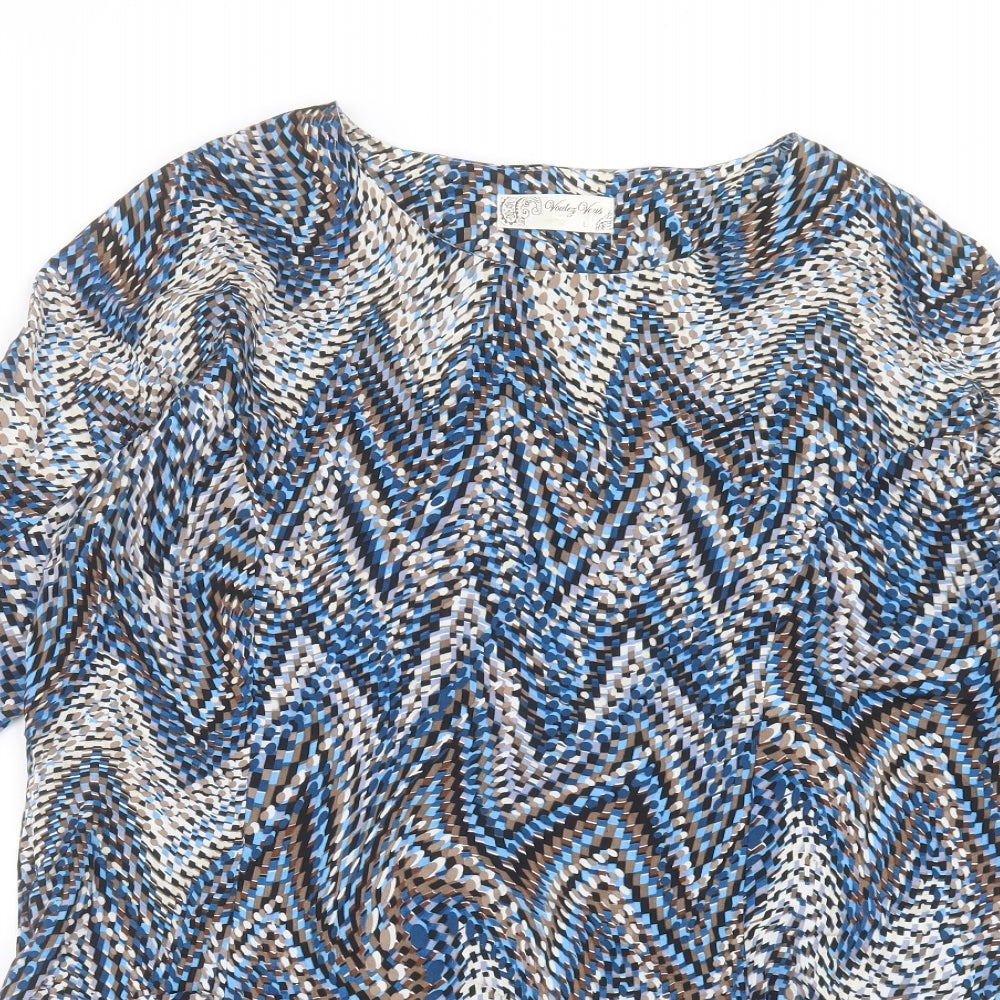 Voulez-Vous Womens Blue Geometric Viscose Tunic T-Shirt Size L Crew Neck