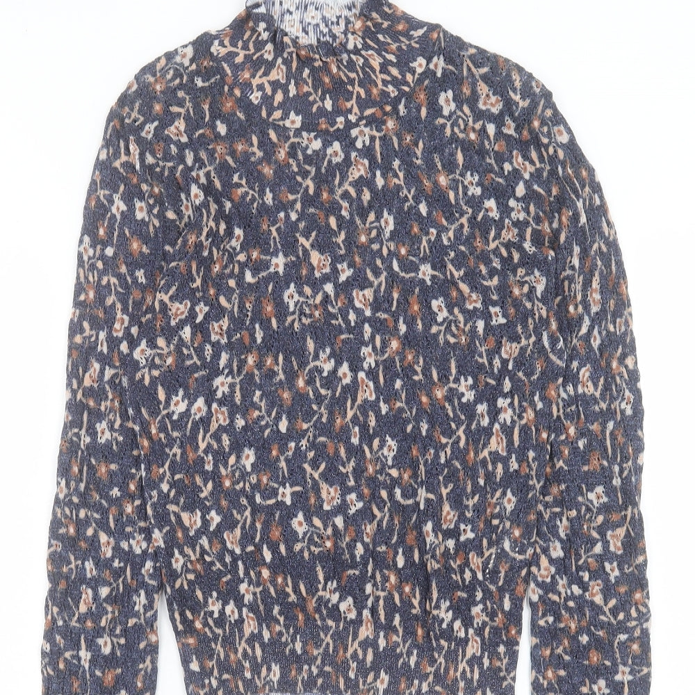 Zara Womens Blue High Neck Floral Viscose Pullover Jumper Size S