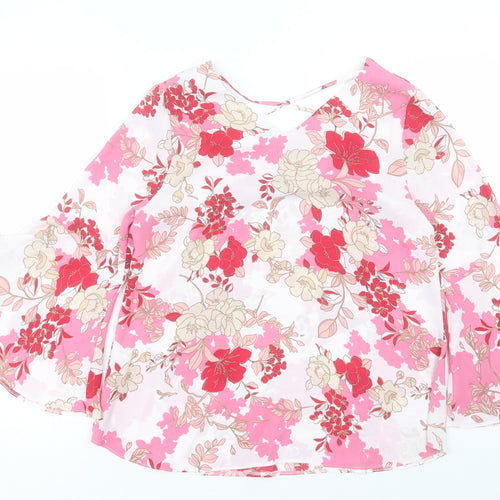 Bonmarché Womens Pink Floral Polyester Basic Blouse Size 10 V-Neck