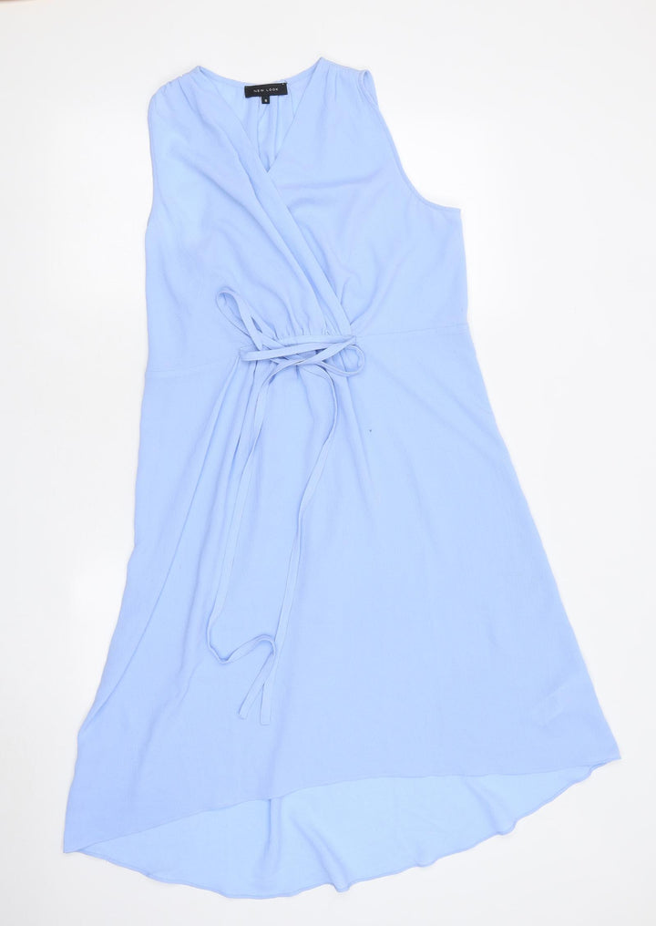 New Look Womens Blue Polyester Skater Dress Size 8 V-Neck Tie