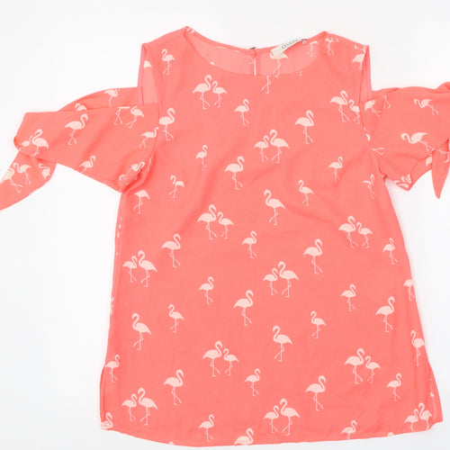 Oasis Womens Pink Geometric Polyester Jersey Tank Size 8 Round Neck - Cold Shoulder Flamingo Print