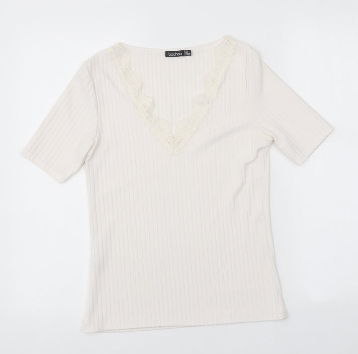 Boohoo Womens White Polyester Basic Polo Size 8 V-Neck