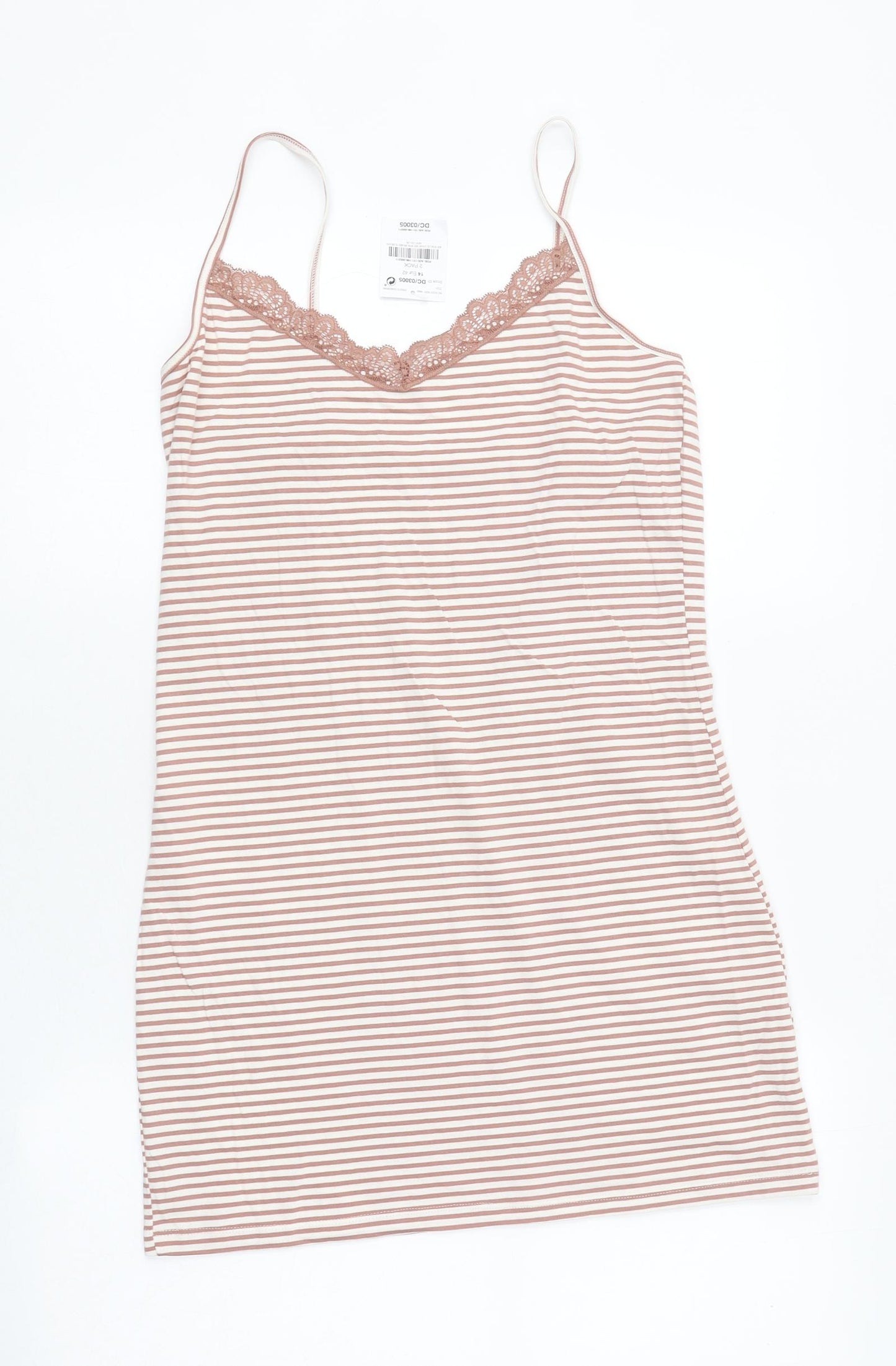 NEXT Womens Pink Striped Cotton Basic Tank Size 14 V-Neck - Lace Trim