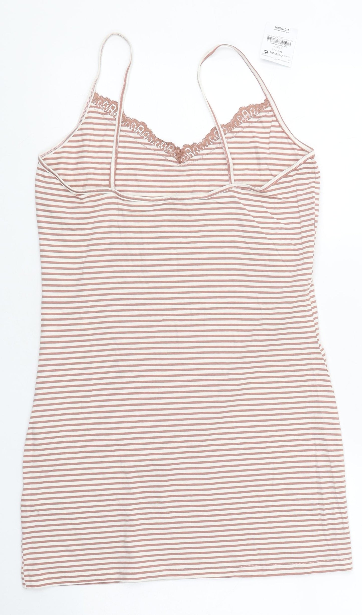 NEXT Womens Pink Striped Cotton Basic Tank Size 14 V-Neck - Lace Trim