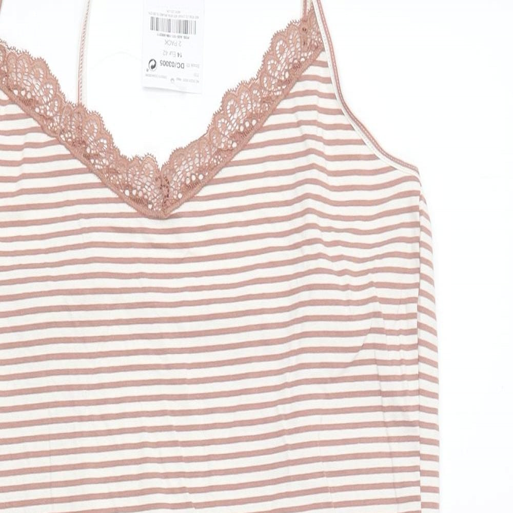 NEXT Womens Pink Striped Cotton Basic Tank Size 14 V-Neck - Lace Trim