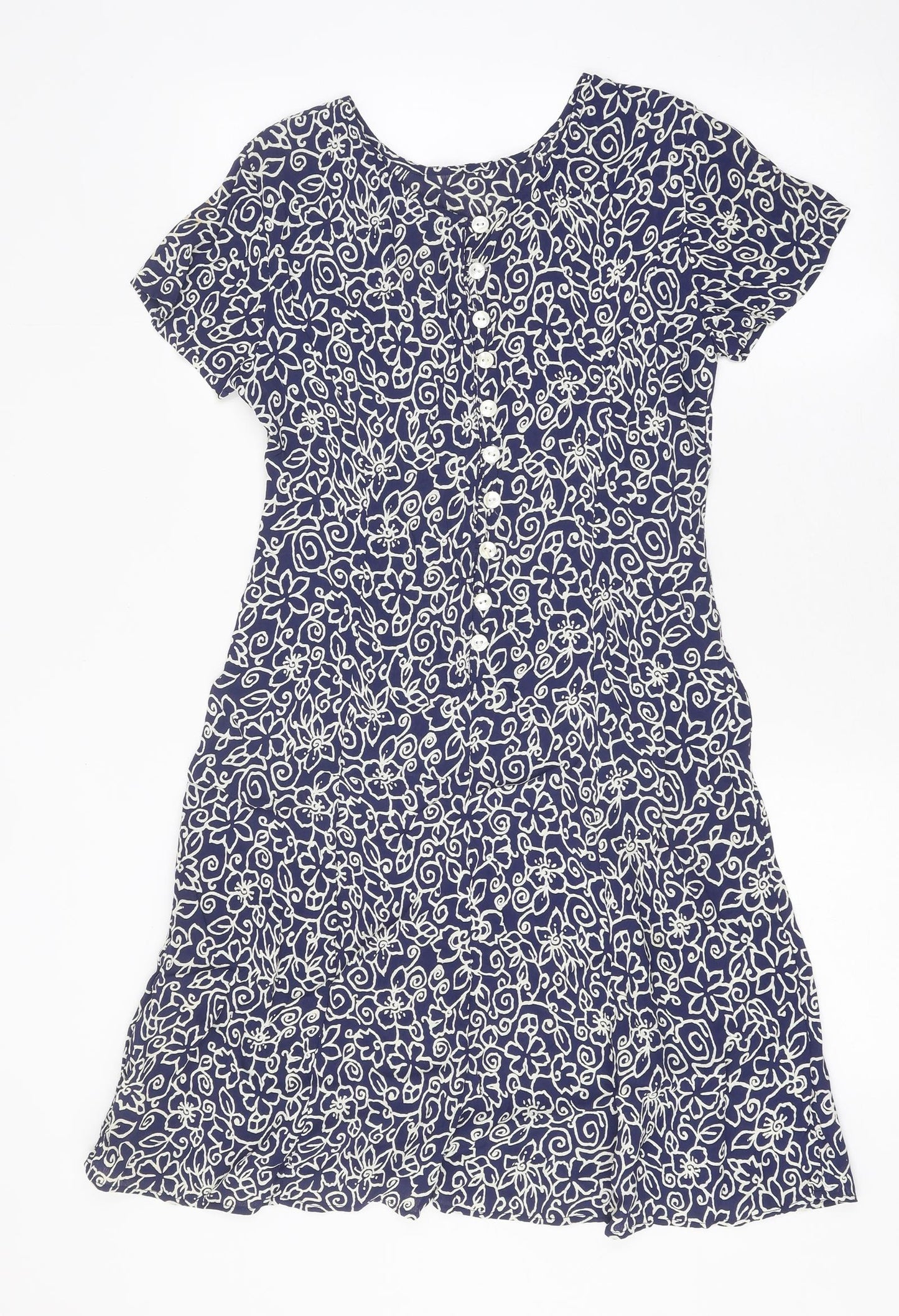 Richards Womens Blue Geometric Viscose Shirt Dress Size 10 Round Neck Button