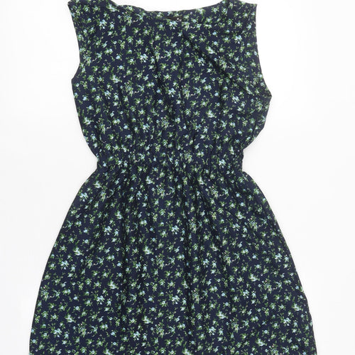 Mela London Womens Blue Geometric Polyester Skater Dress Size 10 Round Neck Pullover