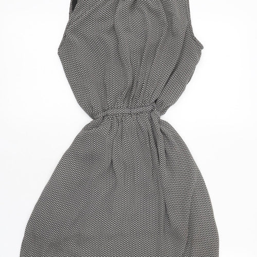 H&M Womens Black Geometric Polyester Skater Dress Size 4 V-Neck Tie