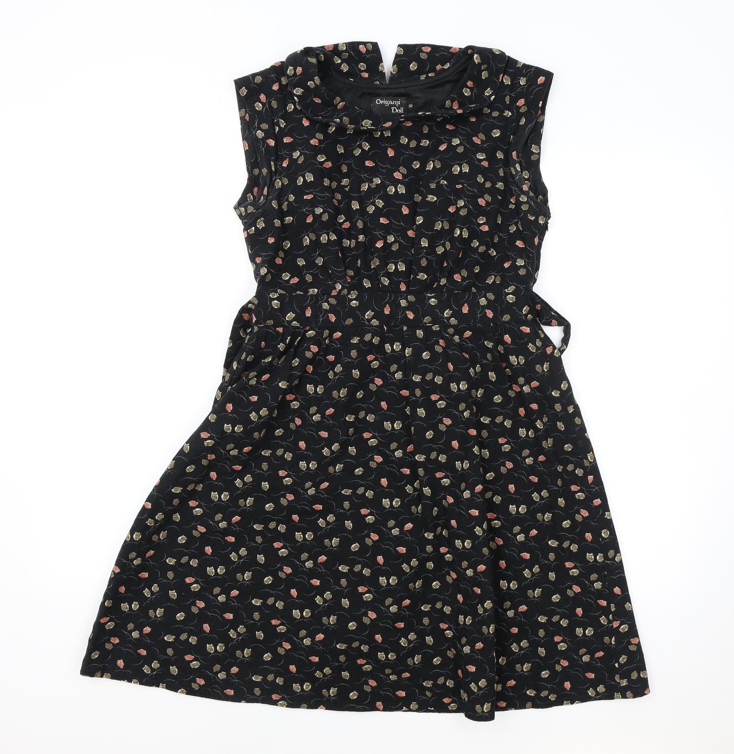 Origami Doll Womens Black Floral 100% Cotton A-Line Size 10 Collared Zip