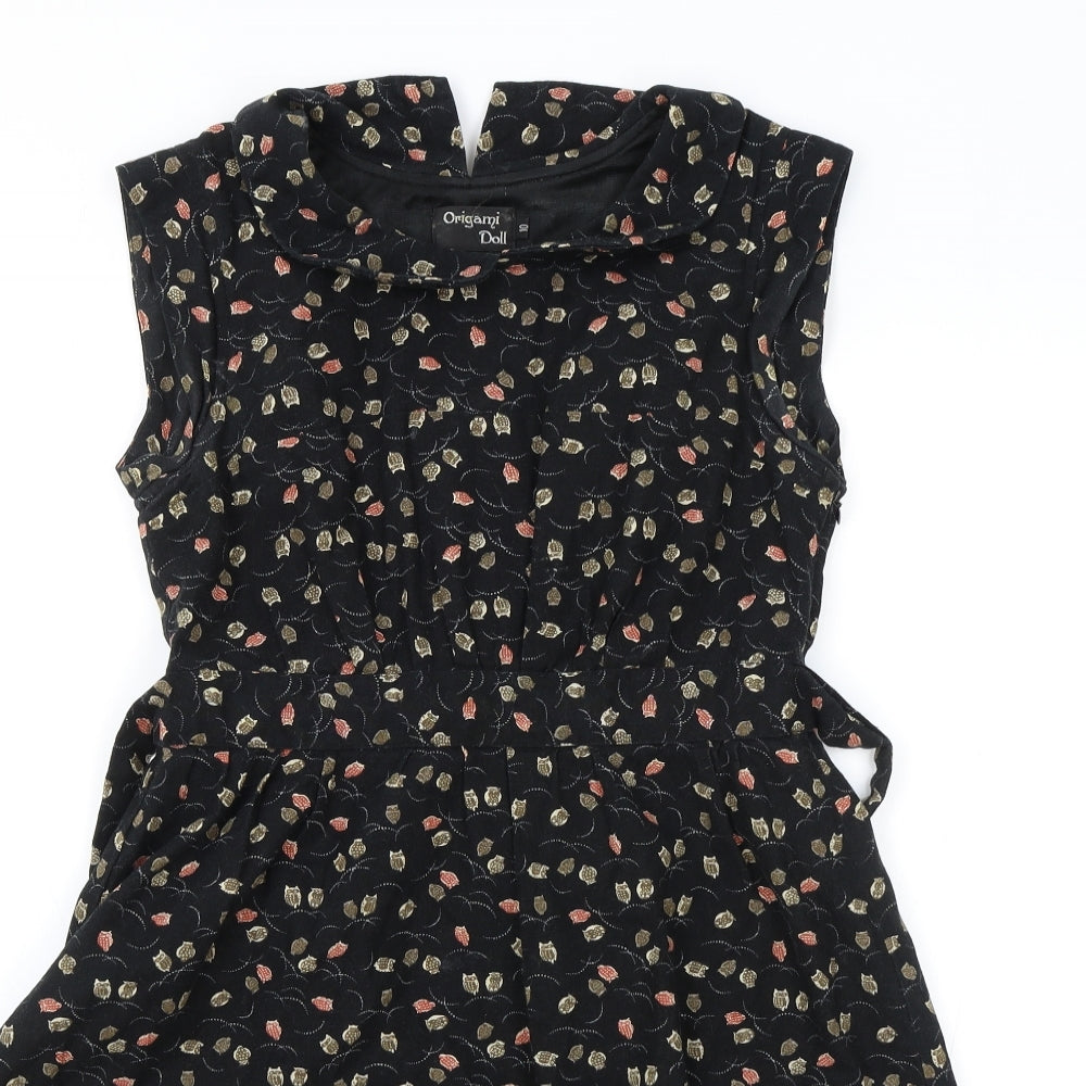 Origami Doll Womens Black Floral 100% Cotton A-Line Size 10 Collared Zip