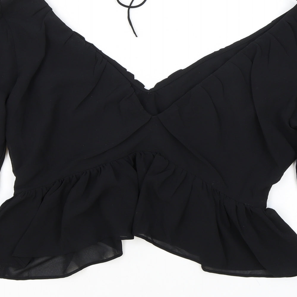 H&M Womens Black Polyester Cropped Blouse Size 10 V-Neck