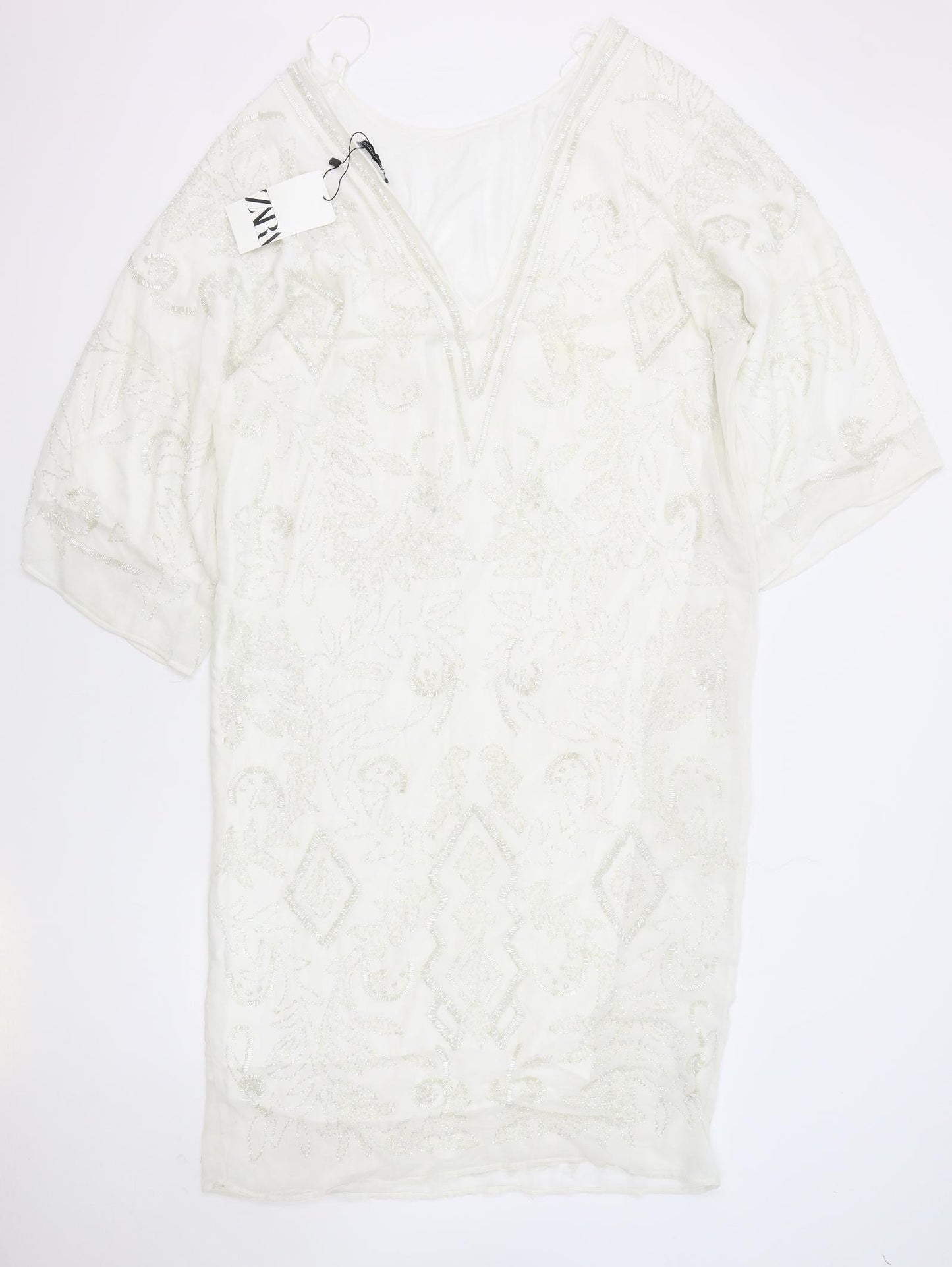 Zara Womens White Polyester Sheath Size M V-Neck Pullover