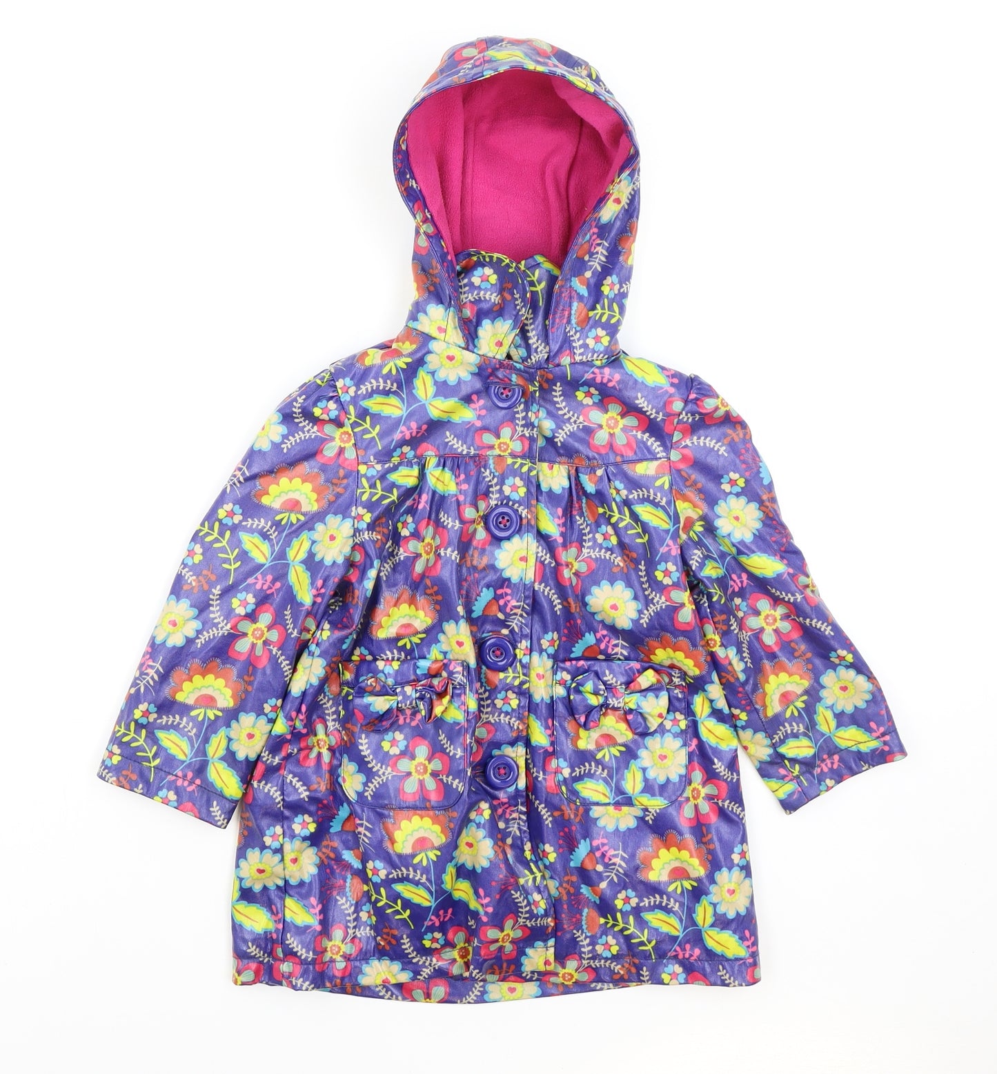 Marks and Spencer Girls Blue Floral Pea Coat Coat Size 2-3 Years Button