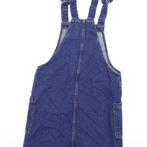 Primark Womens Blue Cotton Pinafore/Dungaree Dress Size 8 Square Neck Buckle