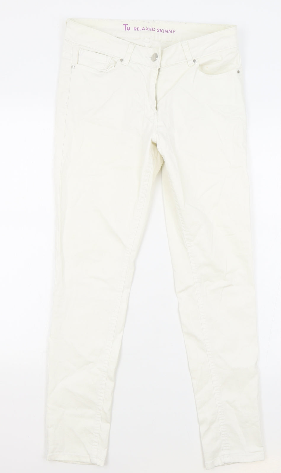 TU Womens Ivory Cotton Skinny Jeans Size 12 L27 in Relaxed Zip