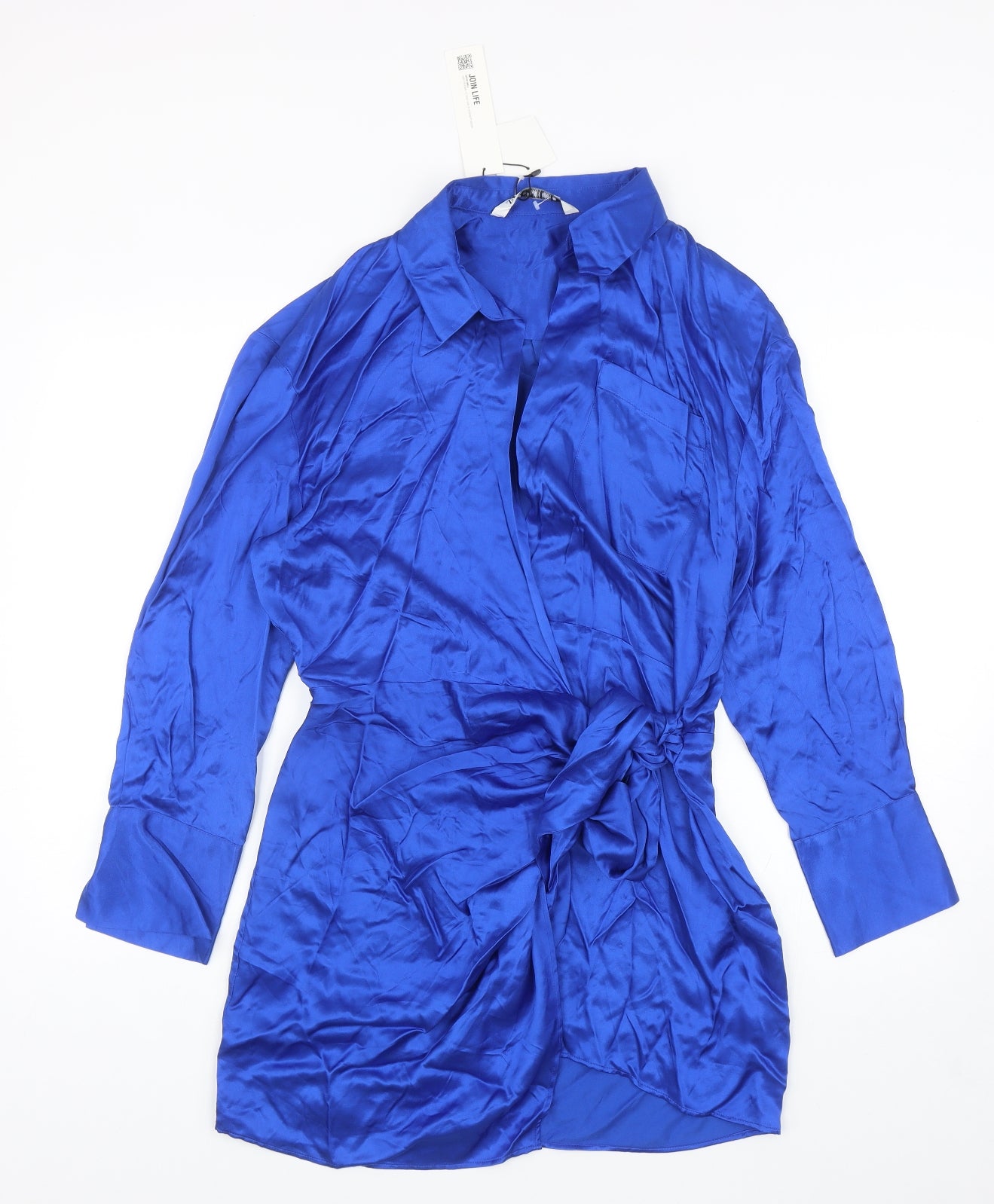 Zara Womens Blue Viscose Wrap Dress Size L Collared Tie