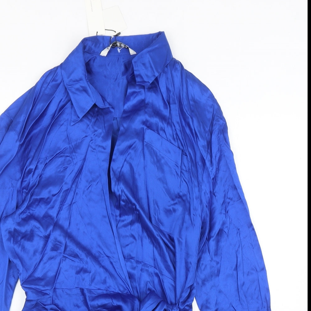 Zara Womens Blue Viscose Wrap Dress Size L Collared Tie