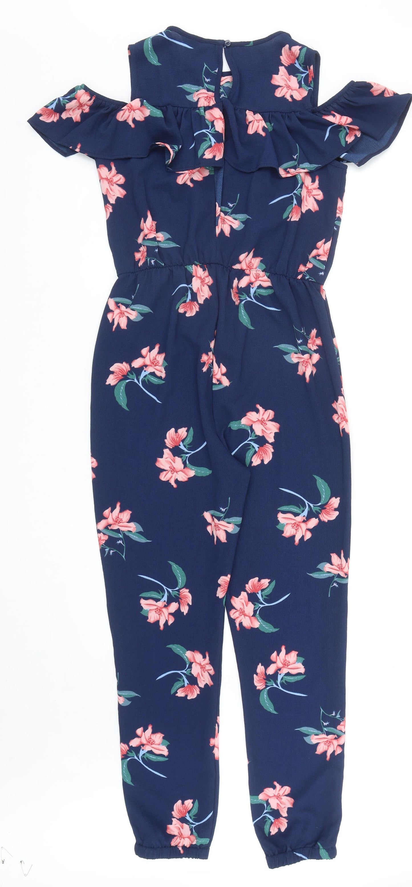 Primark Girls Blue Floral Polyester Jumpsuit One-Piece Size 13-14 Years L28 in Button - Cold Shoulder