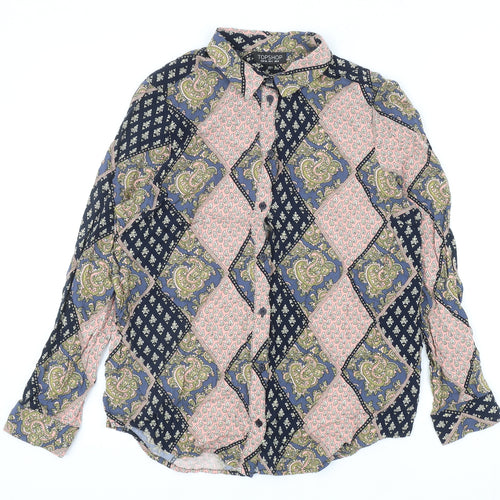 Topshop Womens Multicoloured Geometric Viscose Basic Button-Up Size 8 Collared