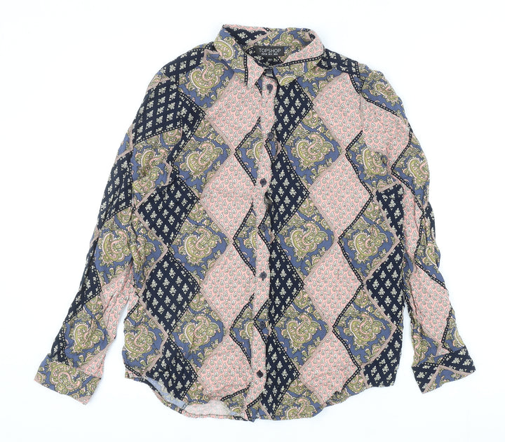 Topshop Womens Multicoloured Geometric Viscose Basic Button-Up Size 8 Collared