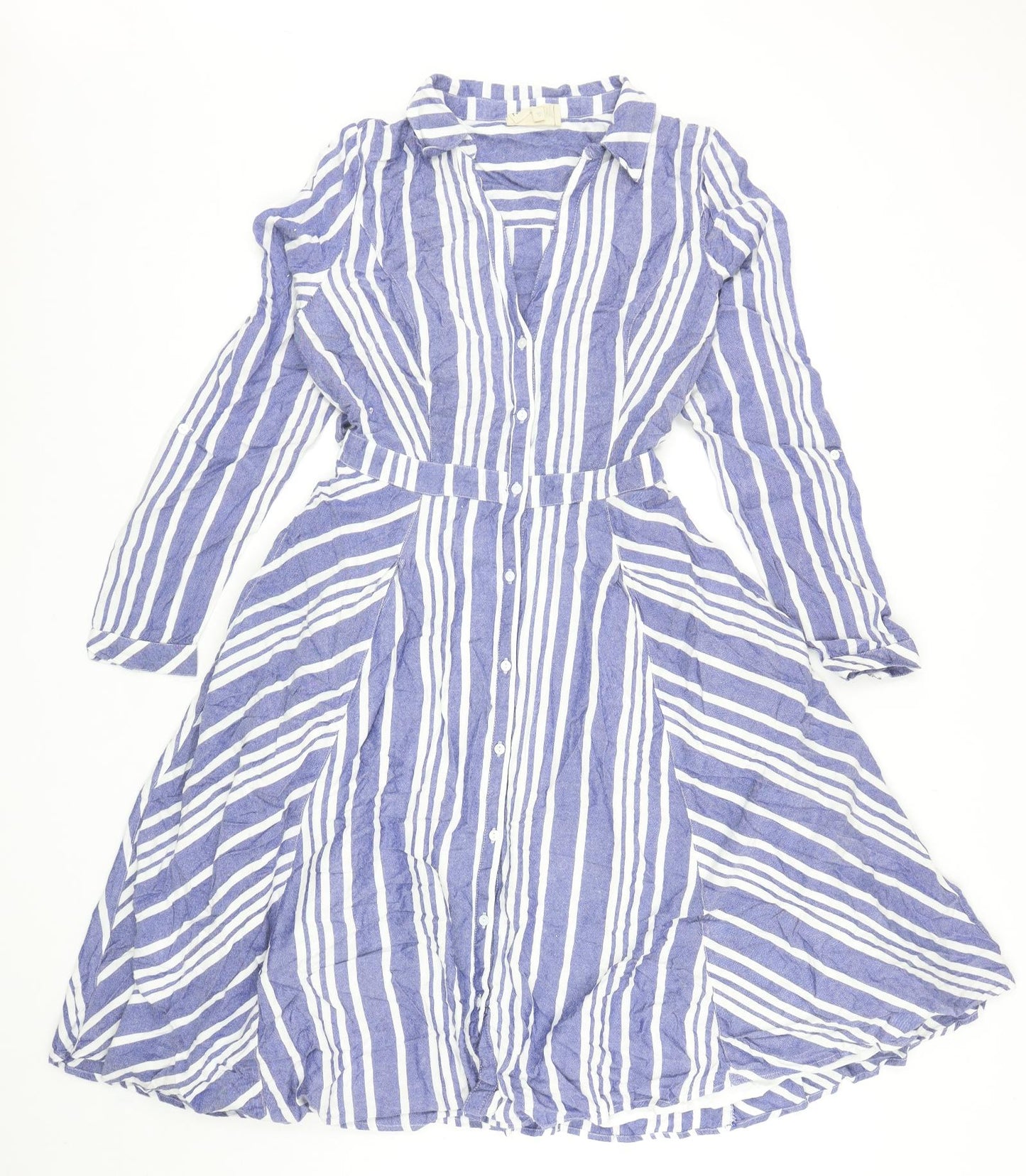Phase Eight Womens Blue Striped Viscose Shirt Dress Size 12 Collared Button