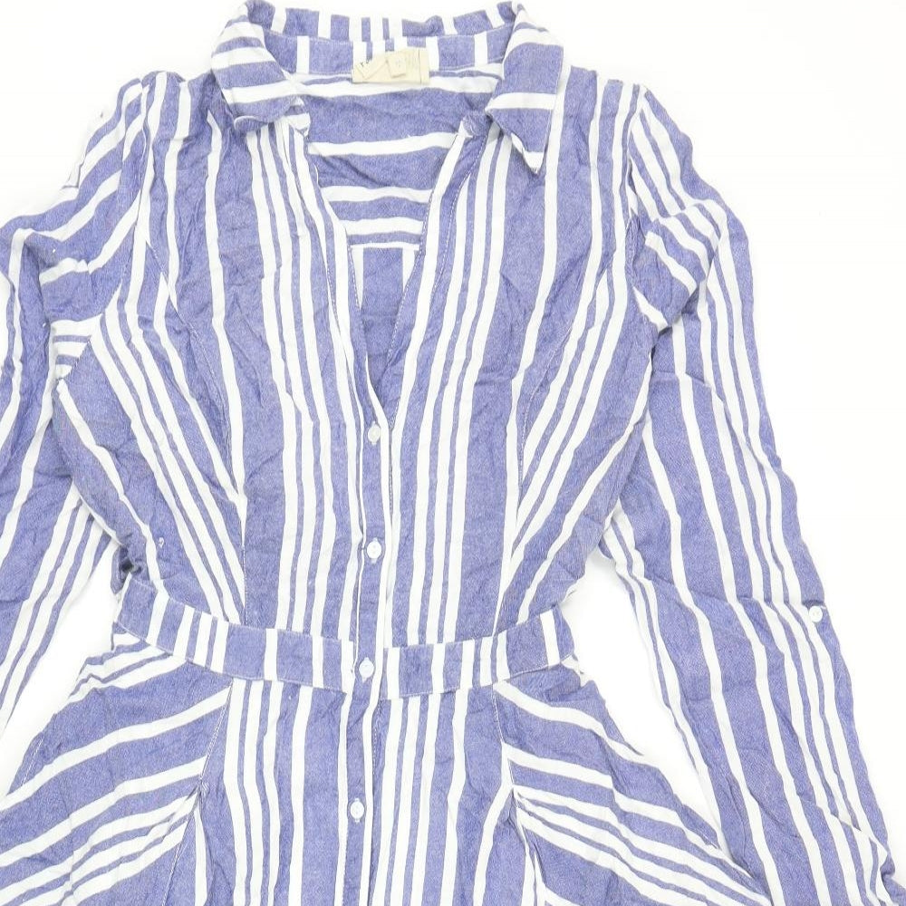 Phase Eight Womens Blue Striped Viscose Shirt Dress Size 12 Collared Button