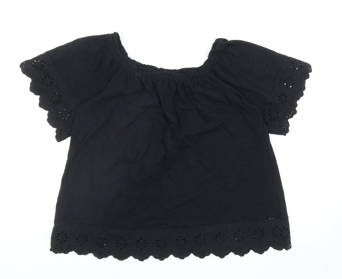 Nutmeg Womens Black Cotton Basic Blouse Size 18 Scoop Neck - Embroidered Trim