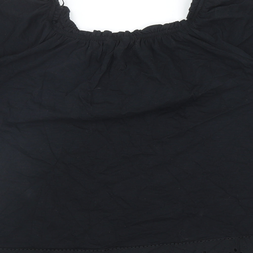 Nutmeg Womens Black Cotton Basic Blouse Size 18 Scoop Neck - Embroidered Trim