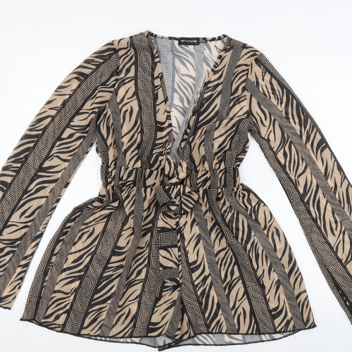 PRETTYLITTLETHING Womens Beige Animal Print 100% Polyester Playsuit One-Piece Size 8 L3 in Tie - Tiger Print