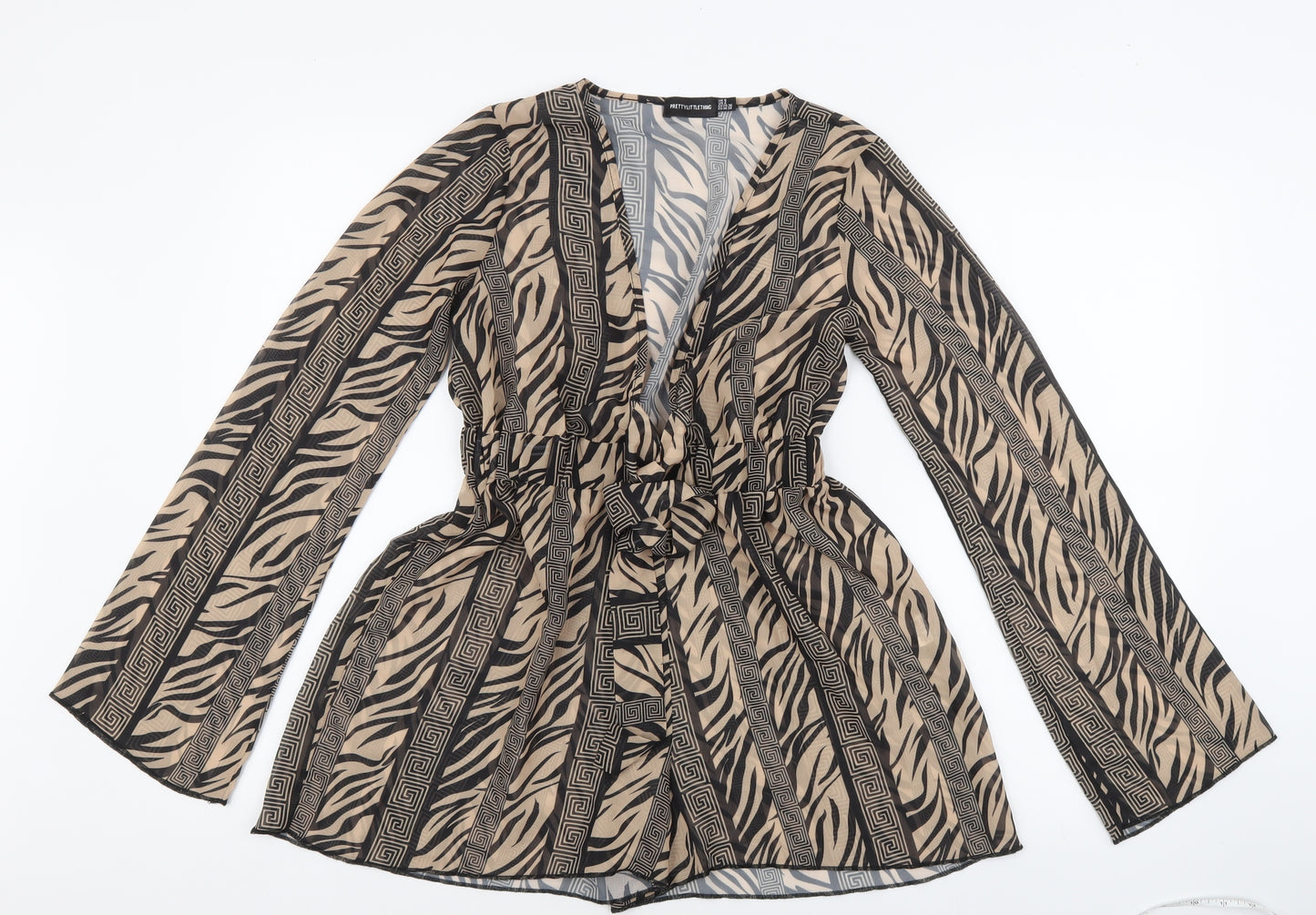 PRETTYLITTLETHING Womens Beige Animal Print 100% Polyester Playsuit One-Piece Size 8 L3 in Tie - Tiger Print