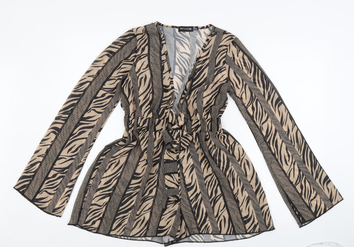PRETTYLITTLETHING Womens Beige Animal Print 100% Polyester Playsuit One-Piece Size 8 L3 in Tie - Tiger Print
