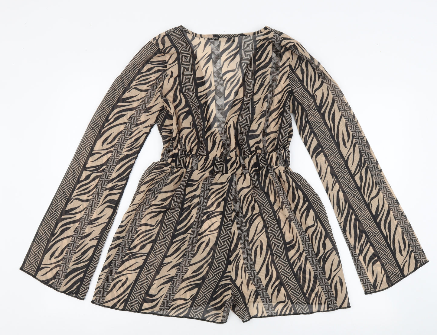 PRETTYLITTLETHING Womens Beige Animal Print 100% Polyester Playsuit One-Piece Size 8 L3 in Tie - Tiger Print