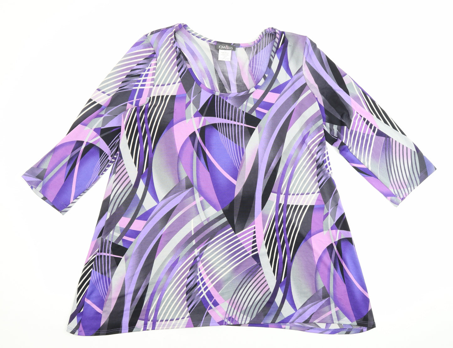 KIM&CO Womens Purple Geometric Polyester Basic T-Shirt Size L Round Neck - Flare bottom
