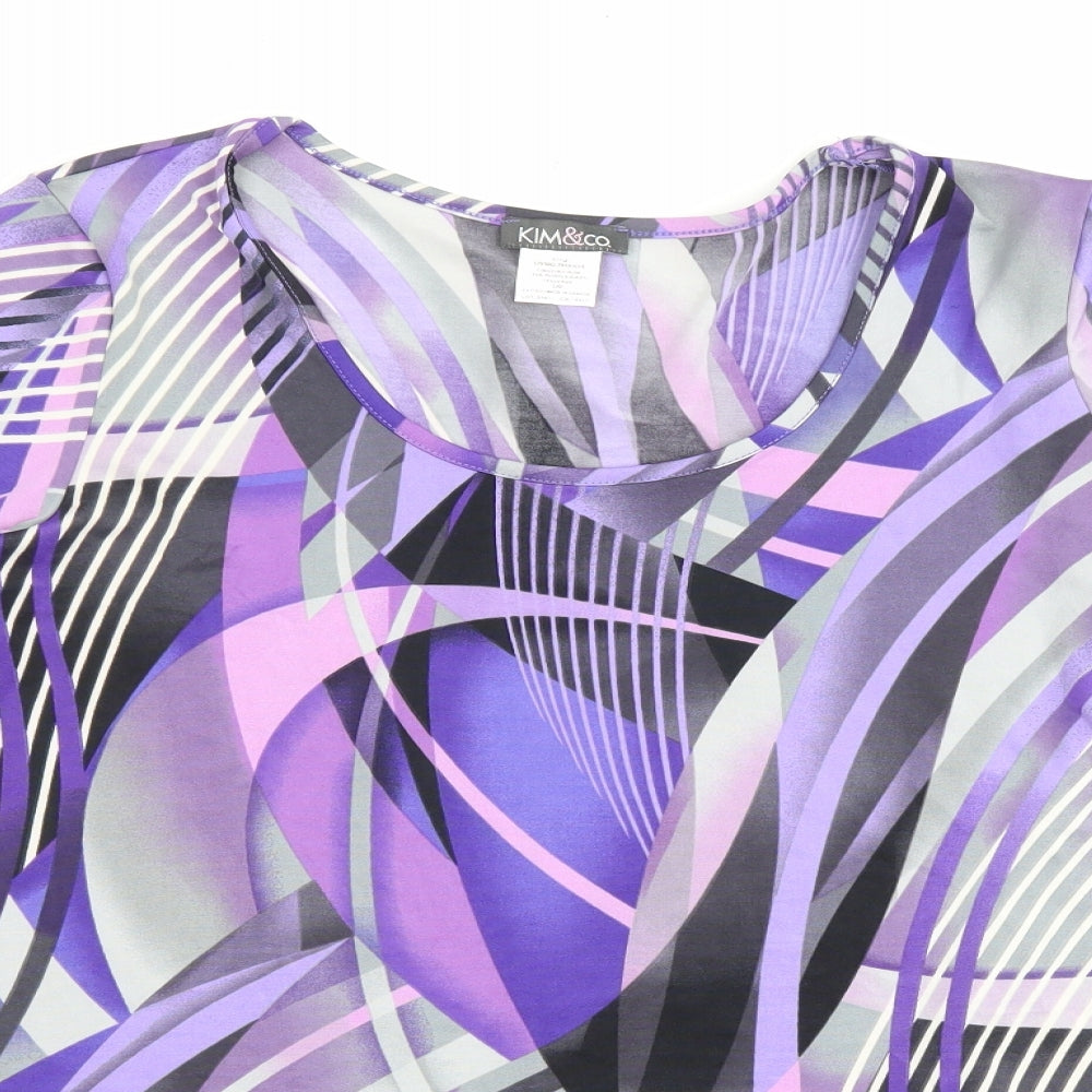 KIM&CO Womens Purple Geometric Polyester Basic T-Shirt Size L Round Neck - Flare bottom