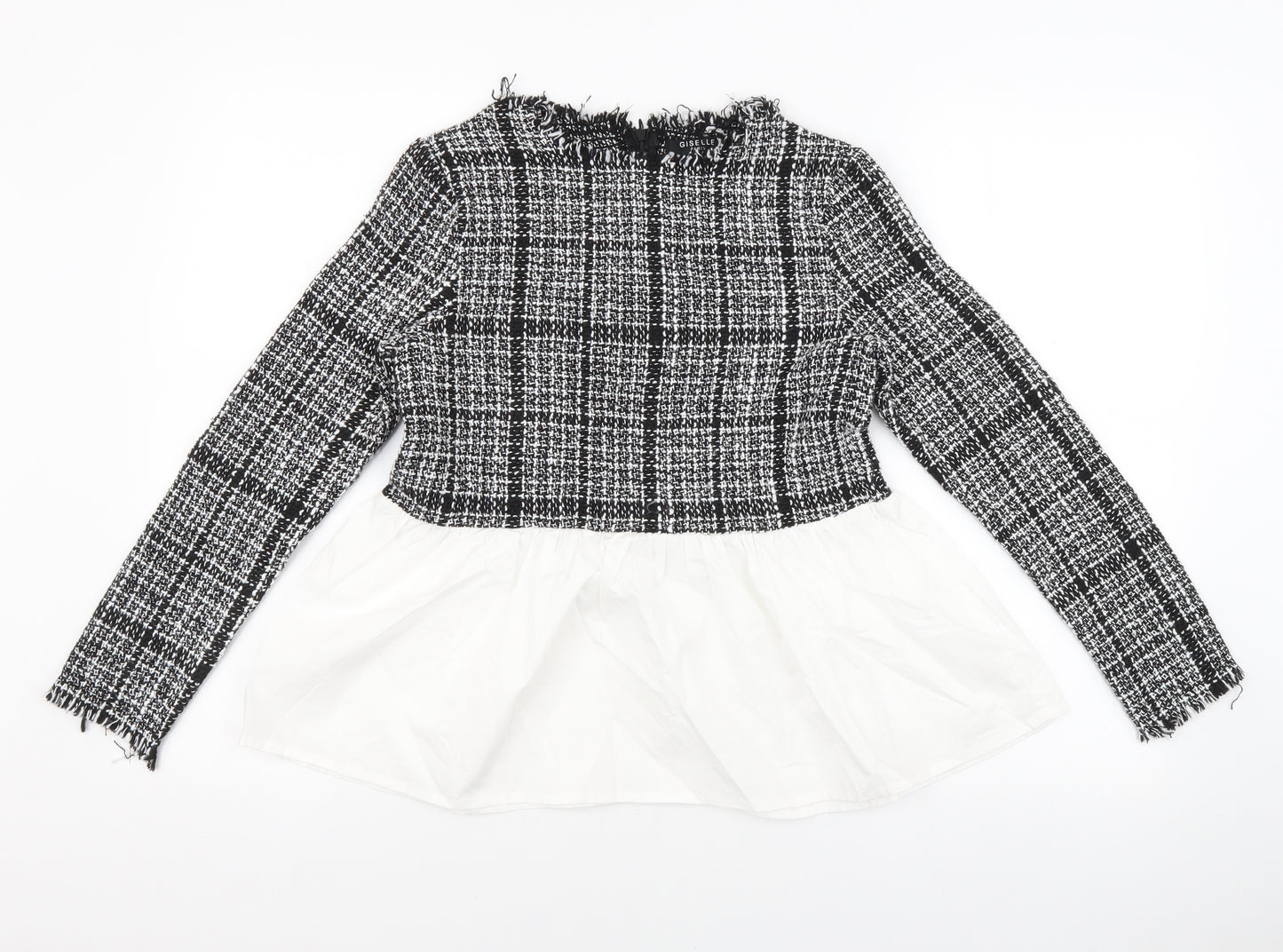 Giselle London Womens Black Plaid Polyester Basic Blouse Size 2XS Round Neck - White Flare Bottom