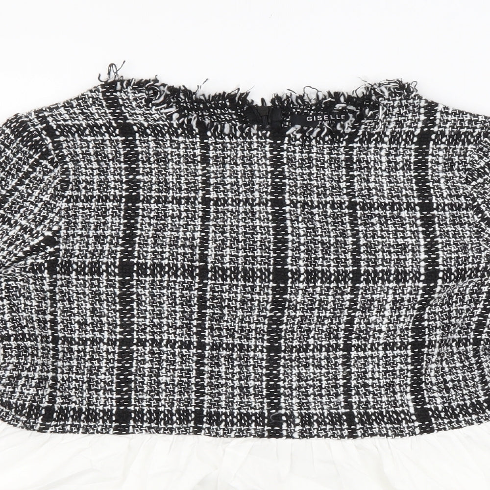 Giselle London Womens Black Plaid Polyester Basic Blouse Size 2XS Round Neck - White Flare Bottom