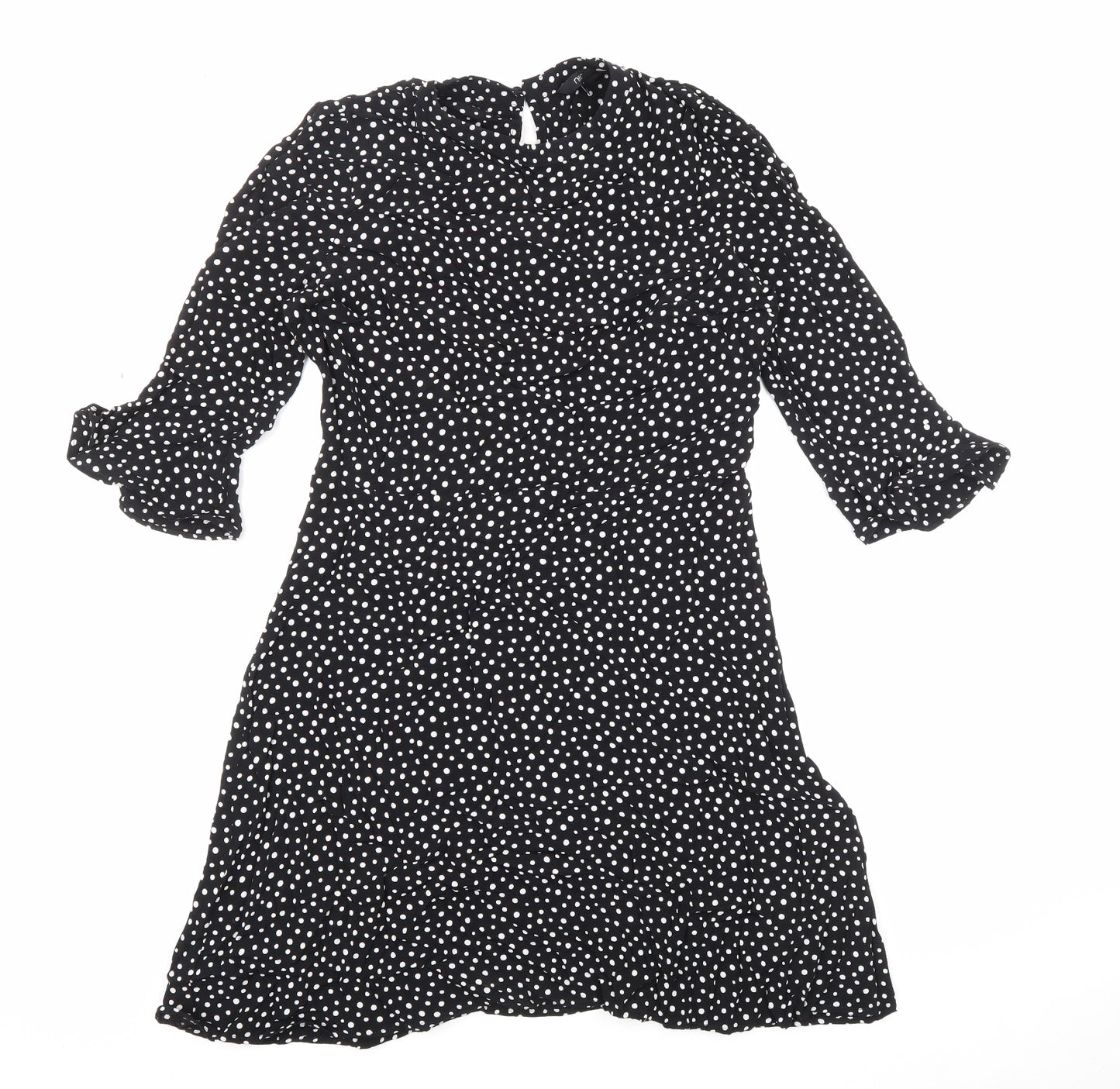 NEXT Womens Black Polka Dot Viscose Skater Dress Size 12 Round Neck Zip - Ruffle Sleeves