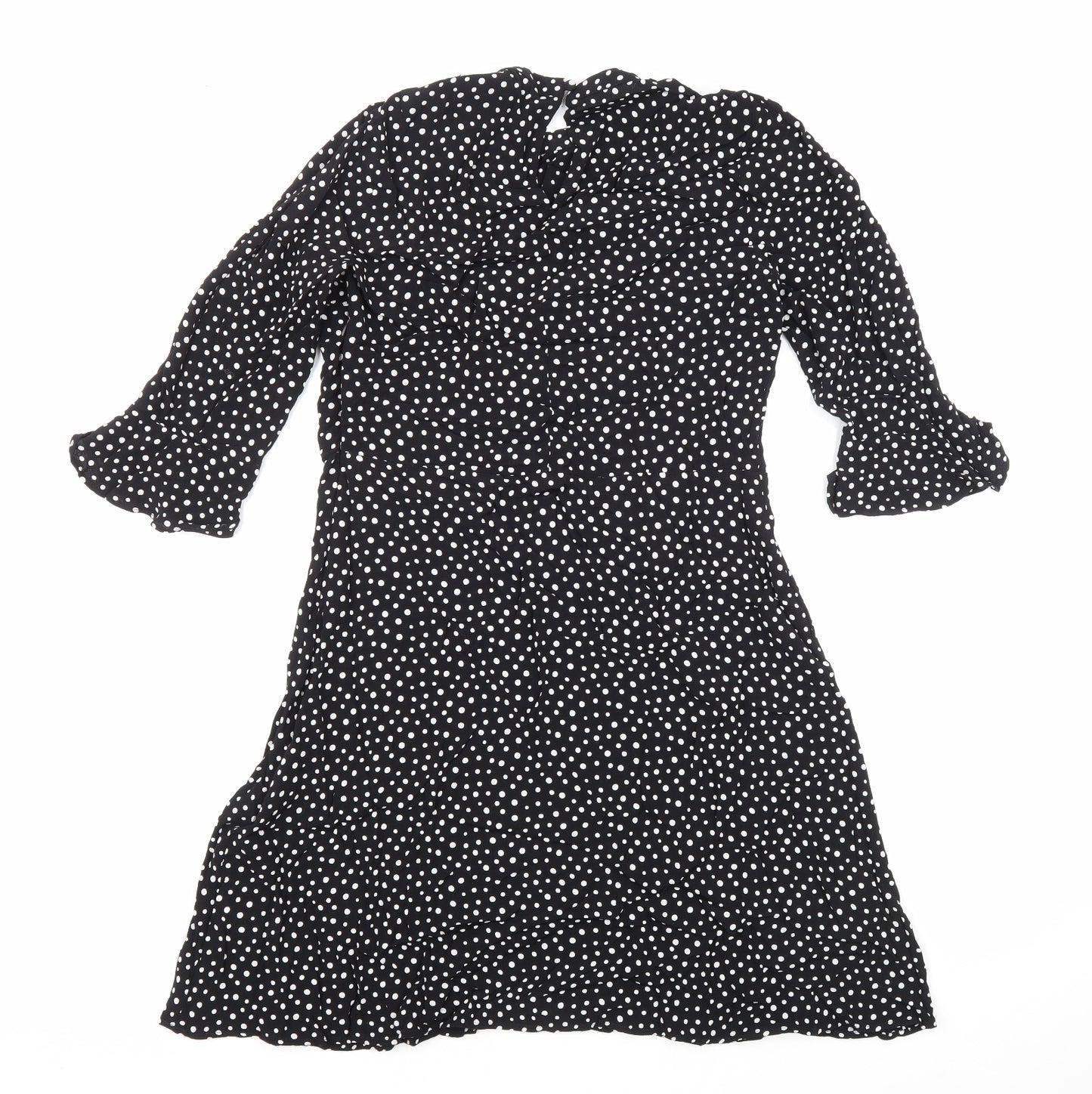 NEXT Womens Black Polka Dot Viscose Skater Dress Size 12 Round Neck Zip - Ruffle Sleeves