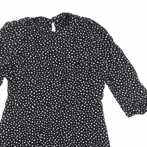 NEXT Womens Black Polka Dot Viscose Skater Dress Size 12 Round Neck Zip - Ruffle Sleeves