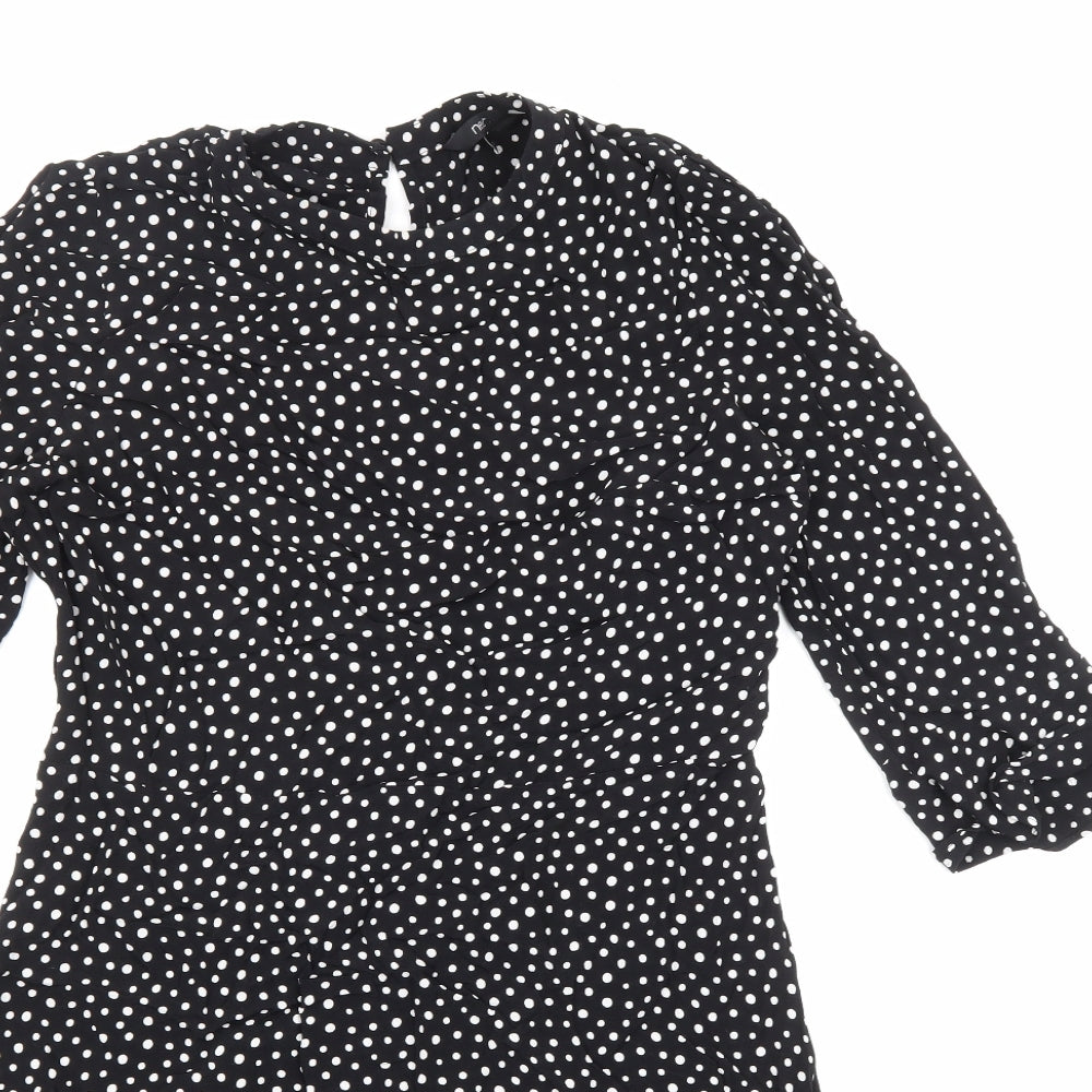 NEXT Womens Black Polka Dot Viscose Skater Dress Size 12 Round Neck Zip - Ruffle Sleeves